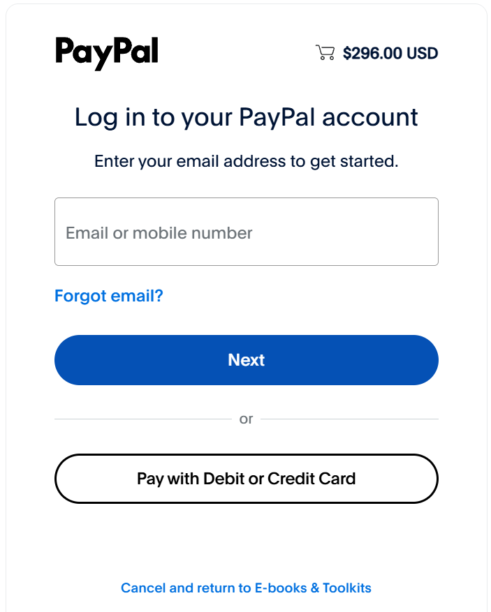 PayPal checkout screen with PayPal login and debit or credit card options
